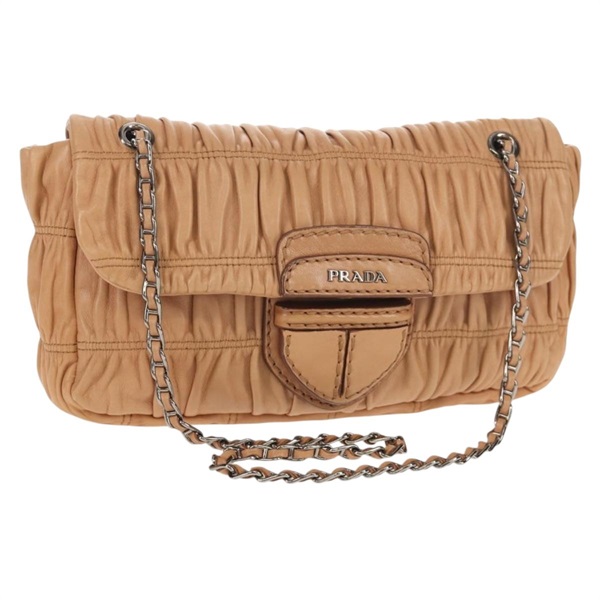 【原宿店限定】プラダ PRADA ショルダーバッグ ギャザー チェーン レザー ベージュ シルバー B4553C レディース yk19578V