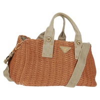 【原宿店限定】プラダ PRADA カナパ L ハンドバッグ スタッズ ラフィア 2way ブラウン ゴールド レディース 163289V