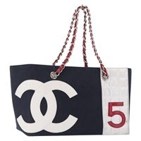 【原宿店限定】シャネル CHANEL トートバッグ チョコバー チェーン No5 キャンバス ネイビー シルバー レディース 164674V