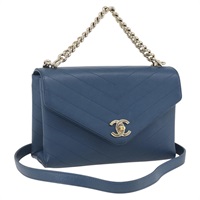 【原宿店限定】シャネル CHANEL ショルダーバッグ Vステッチ チェーン レザー ブルー ゴールド レディース ka1888SAM