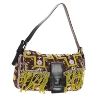 フェンディ FENDI マンマバゲット ショルダーバッグ ビーズ キャンバス シルバー ブラウン レディース 161704SV