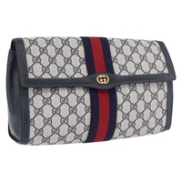 グッチ GUCCI クラッチバッグ GGスプリーム シェリーライン PVC ネイビー ゴールド 37 039 3087 レディース BSZ165A