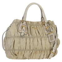 プラダ PRADA ハンドバッグ ギャザー ナイロン 2way ベージュ ゴールド レディース BA11812A