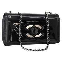 シャネル CHANEL ショルダーバッグ リップスティックライン チェーン パテントレザー ブラック シルバー レディース ka3406SAV