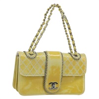 シャネル CHANEL ショルダーバッグ マトラッセ チェーン パテントレザー イエロー シルバー レディース YKZ479A