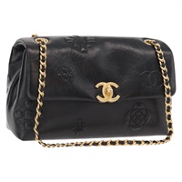 シャネル CHANEL ショルダーバッグ チェーン カメリア カーフレザー ブラック ゴールド レディース BA11720SM