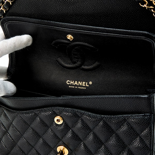 CHANEL マトラッセ ダブルフラップ ダブルチェーン 25 ショルダーバッグ ブラック ゴールド キャビアスキンの画像6