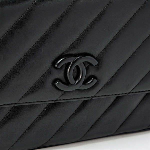 CHANEL ココマーク バイアスステッチ シングルフラップ ダブルチェーン ショルダーバッグ ブラック ゴールド ラムスキンの画像6