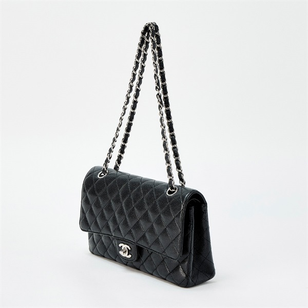 CHANEL マトラッセ ダブルフラップ ダブルチェーン 25cm ショルダーバッグ ブラック シルバー キャビアスキンの画像1