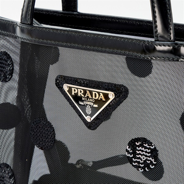 PRADA ポルカドット スモール ハンドバッグ 1BG417 ブラック シルバー メッシュ レザーの画像4