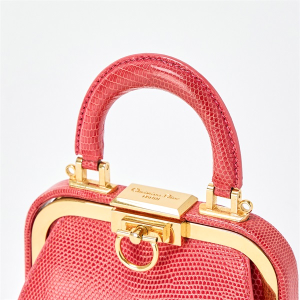 Christian Dior ターンロック ショルダーバッグ ピンク ゴールド リザードの画像3