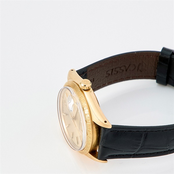 ROLEX オイスターパーペチュアルデイト 1511 自動巻き 腕時計 34MM シャンパン文字盤 イエローゴールド ブラック YG レザー 25番台の画像2