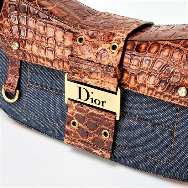 Christian Dior ストリートシック ショルダーバッグ ネイビー ブラウン ゴールド デニム クロコダイルの画像5