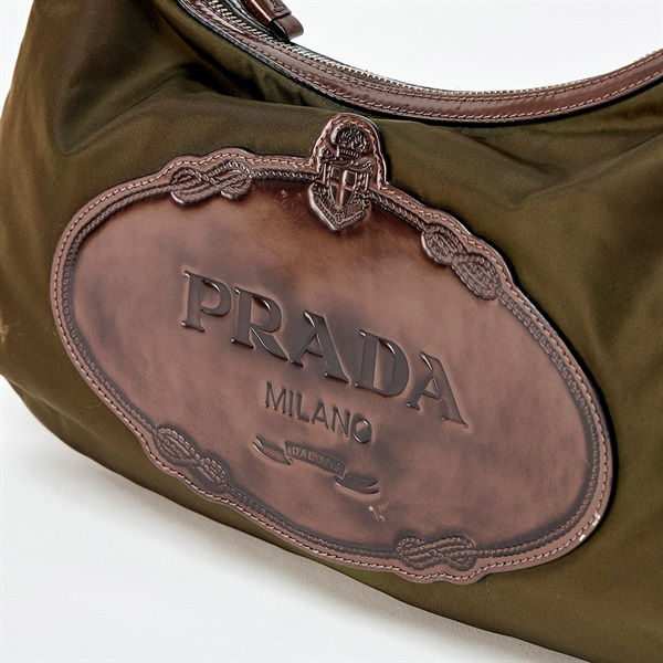 PRADA ロゴ ハンドバッグ カーキグリーン ブラウン シルバー ナイロン レザーの画像5