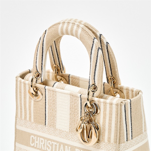 Christian Dior LADY D‐LITE ミディアム ハンドバッグ ベージュ ホワイト ゴールド キャンバスの画像3