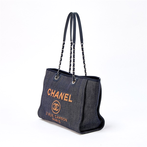 CHANEL ドーヴィル MM 2016年 トートバッグ ネイビー オレンジ シルバー デニムの画像1