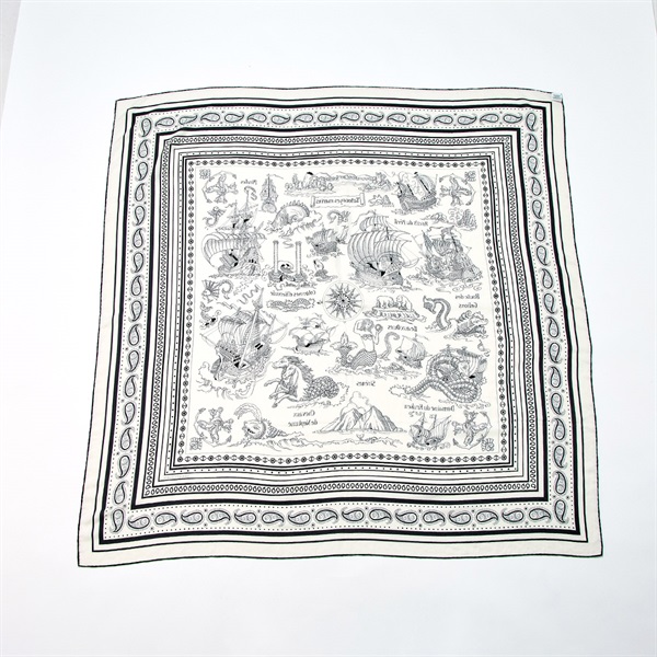 HERMES カレジェアン Tatouages Marins Bandana / 船乗りのタトゥー スカーフ ホワイト ブラック カシミヤ シルクの画像1