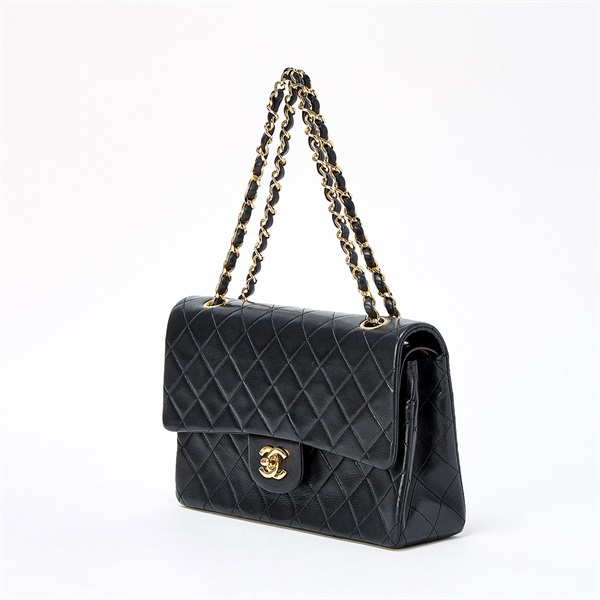 CHANEL マトラッセ ダブルフラップダブルチェーン 25 1990年 ショルダーバッグ ブラック ゴールド ラムスキンの画像1