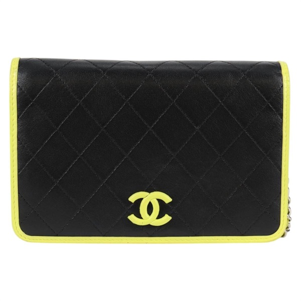 CHANEL マトラッセ チェーンウォレット ショルダーバッグ ブラック ライムイエロー シルバー カーフレザーの画像1
