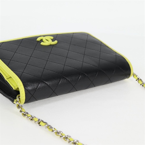 CHANEL マトラッセ チェーンウォレット ショルダーバッグ ブラック ライムイエロー シルバー カーフレザーの画像5