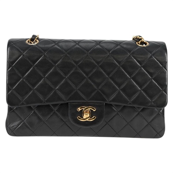 CHANEL マトラッセ ダブルフラップダブルチェーン 25 1990年 ショルダーバッグ ブラック ゴールド ラムスキンの画像1