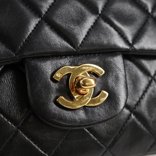CHANEL マトラッセ ダブルフラップダブルチェーン 25 1990年 ショルダーバッグ ブラック ゴールド ラムスキンの画像8