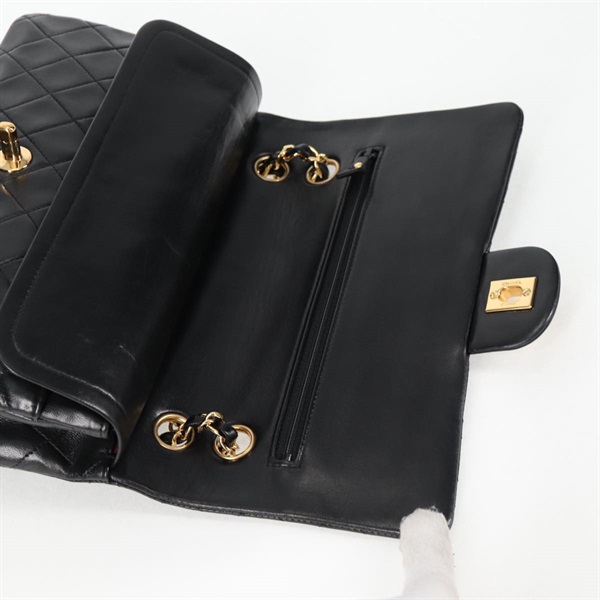 CHANEL マトラッセ ダブルフラップダブルチェーン 25 ショルダーバッグ ブラック ゴールド ラムスキンの画像9