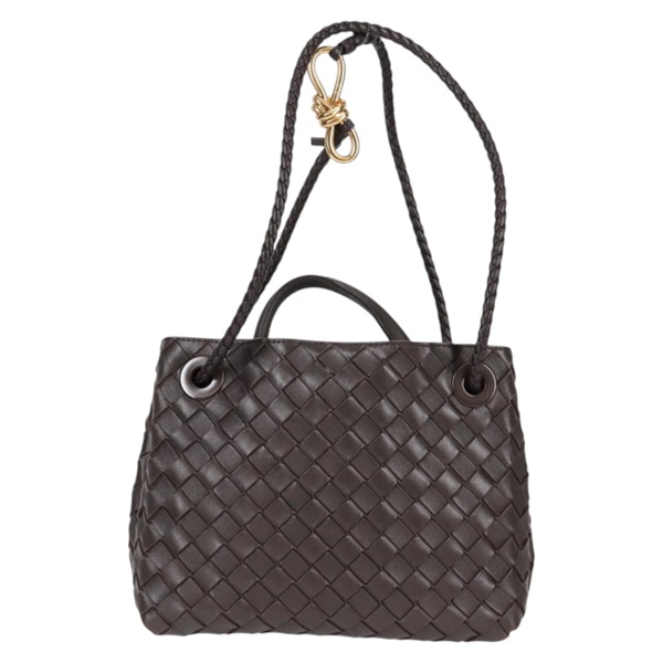 BOTTEGA VENETA イントレチャート アンディアーモスモール トートバッグ ブラウン ゴールド レザーの画像1