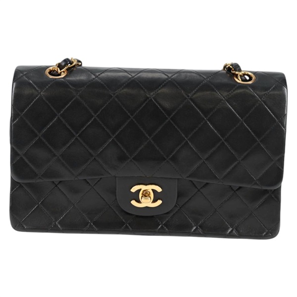 CHANEL マトラッセ ダブルフラップダブルチェーン 25 ショルダーバッグ ブラック ゴールド ラムスキンの画像1