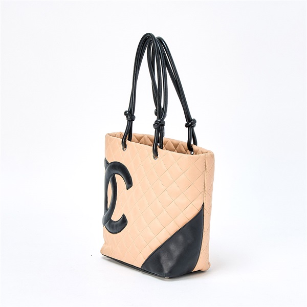 CHANEL カンボン ミディアムトート ハンドバッグ ベージュ シルバー ラムスキンの画像1