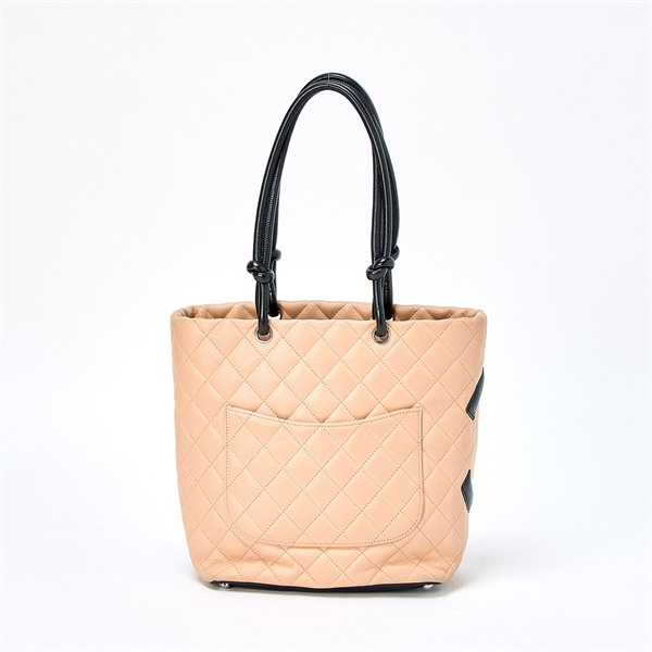 CHANEL カンボン ミディアムトート ハンドバッグ ベージュ シルバー ラムスキンの画像2